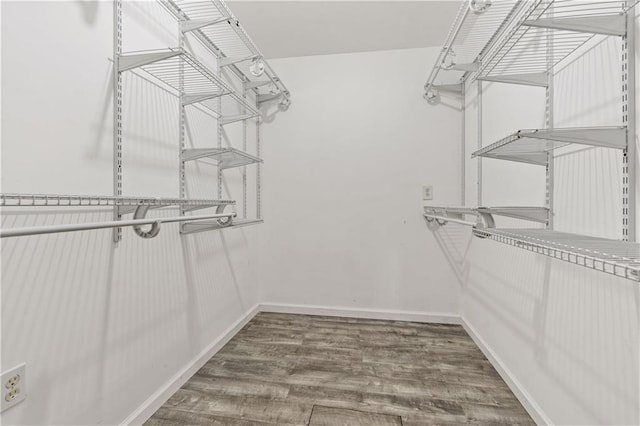 walk in closet with wood finished floors