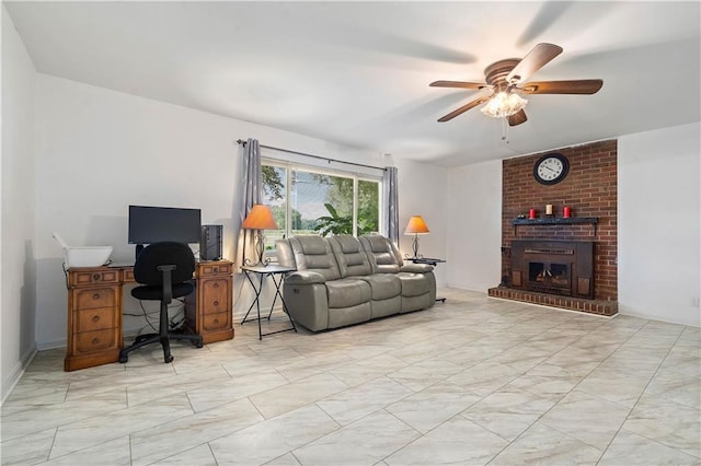 living room with ceiling fan and a fireplace