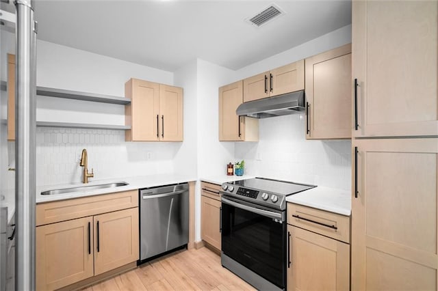 kitchen featuring sink, light brown cabinets, decorative backsplash, appliances with stainless steel finishes, and light wood-type flooring