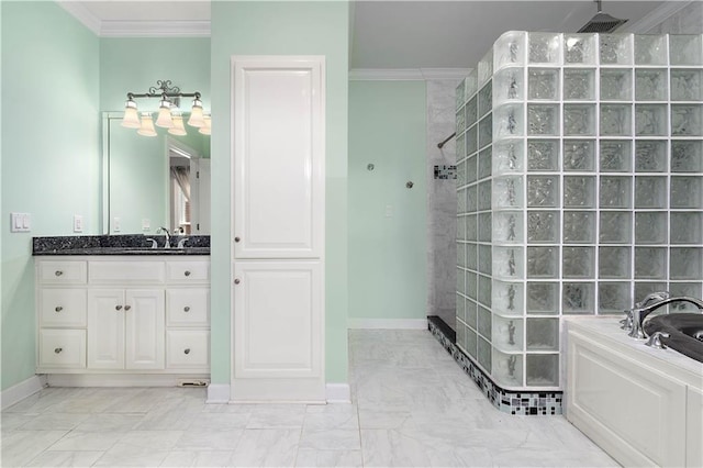 bathroom featuring vanity, tile floors, a bath, and crown molding