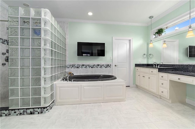 bathroom with tile flooring, oversized vanity, ornamental molding, and plus walk in shower