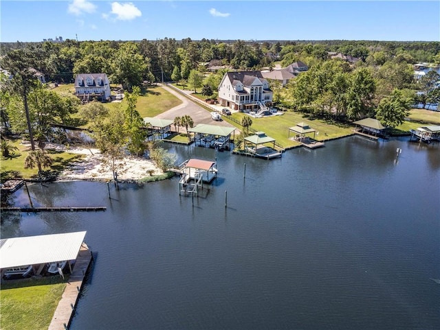 drone / aerial view featuring a water view