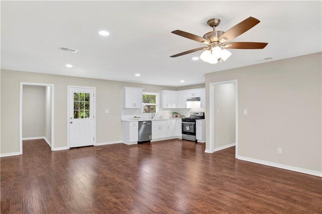 113 Hilltop Dr E, Mobile, AL 36608 - unfurnished living room featuring dark wood-style floors, a ceiling fan, baseboards, a sink, and recessed lighting