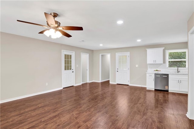 113 Hilltop Dr E, Mobile, AL 36608 - unfurnished living room featuring a sink, dark wood-style floors, a ceiling fan, baseboards, and recessed lighting