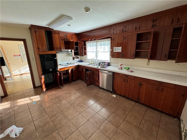 kitchen featuring cooktop, open shelves, dishwasher, and black oven