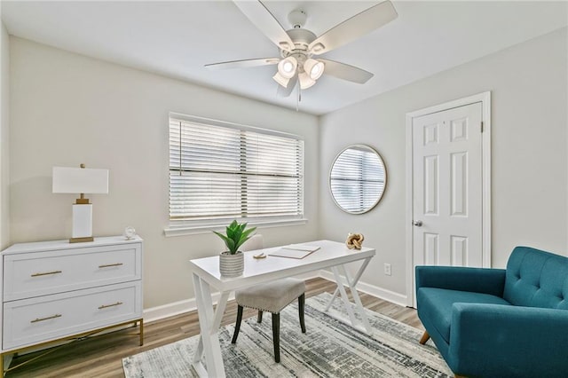 office area featuring hardwood / wood-style floors and ceiling fan