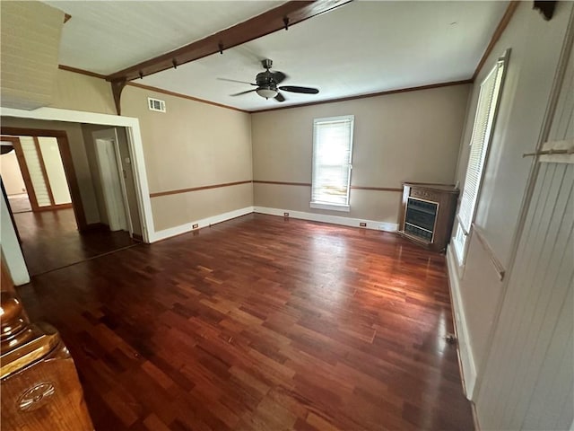 unfurnished room featuring heating unit, crown molding, ceiling fan, and dark wood-type flooring