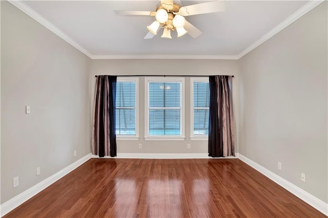 unfurnished room with ceiling fan, wood-type flooring, and ornamental molding