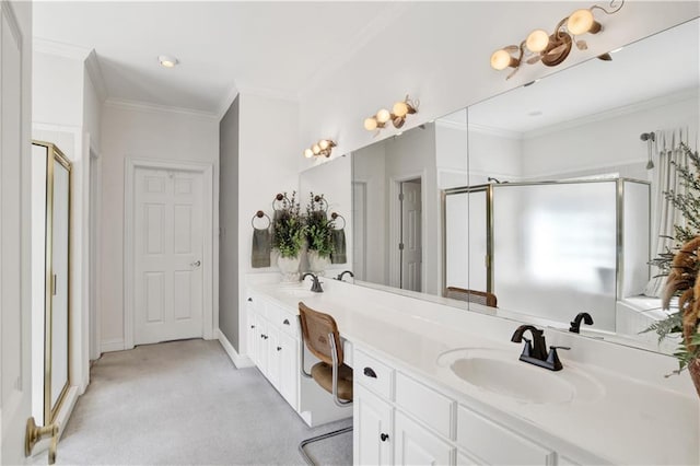 30077 River Rd, Orange Beach, AL 36561 - full bath with ornamental molding, a stall shower, double vanity, and baseboards