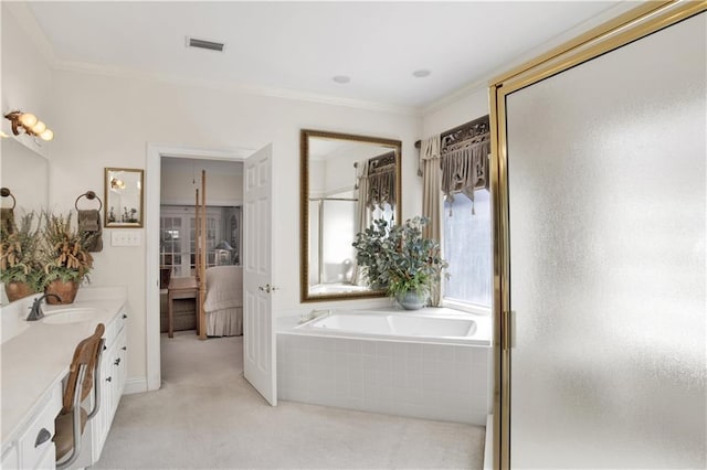 30077 River Rd, Orange Beach, AL 36561 - bathroom featuring ensuite bath, ornamental molding, a bath, vanity, and a stall shower
