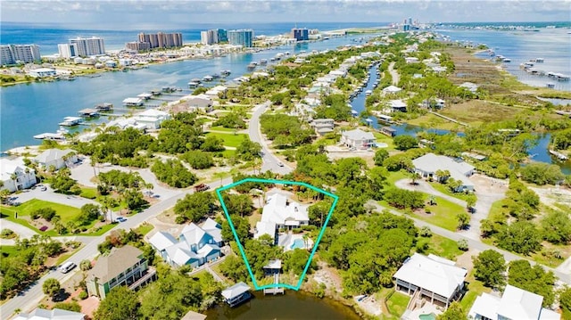 30077 River Rd, Orange Beach, AL 36561 - aerial perspective of suburban area featuring a nearby body of water and property parcel outlined
