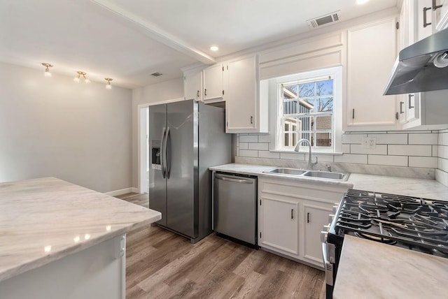 kitchen with sink, ventilation hood, decorative backsplash, white cabinets, and appliances with stainless steel finishes