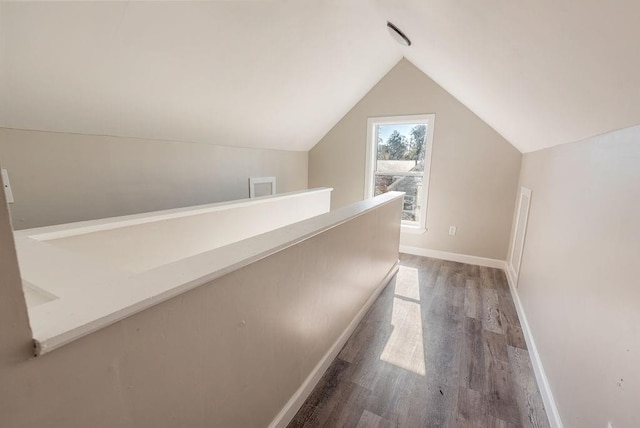 hallway with hardwood / wood-style floors and lofted ceiling