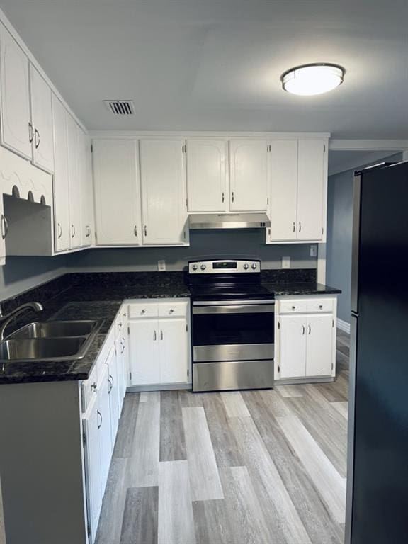 kitchen featuring stainless steel appliances, sink, light hardwood / wood-style flooring, and white cabinets