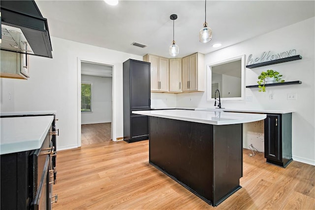 5108 Highcrest Dr, Mobile, AL 36693 - kitchen featuring light countertops, light wood-type flooring, pendant lighting, open shelves, and recessed lighting