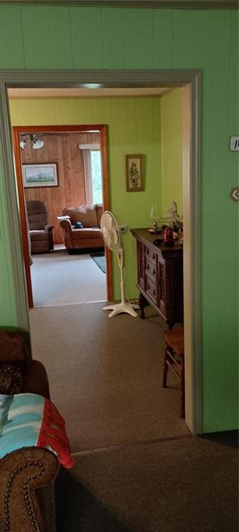 hallway featuring carpet floors and wooden walls