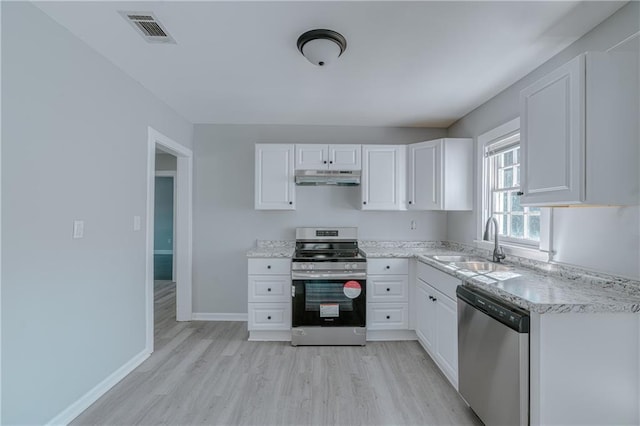 kitchen featuring stainless steel appliances, sink, light hardwood / wood-style flooring, and white cabinets