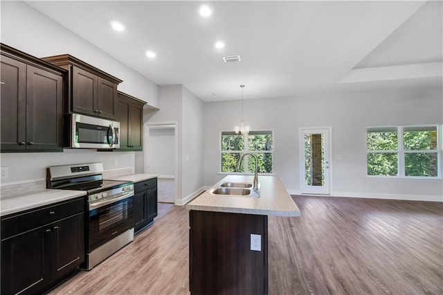 kitchen with sink, hanging light fixtures, a center island with sink, light wood-type flooring, and appliances with stainless steel finishes