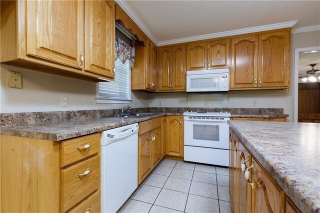 kitchen featuring ceiling fan, white appliances, ornamental molding, sink, and light tile patterned floors