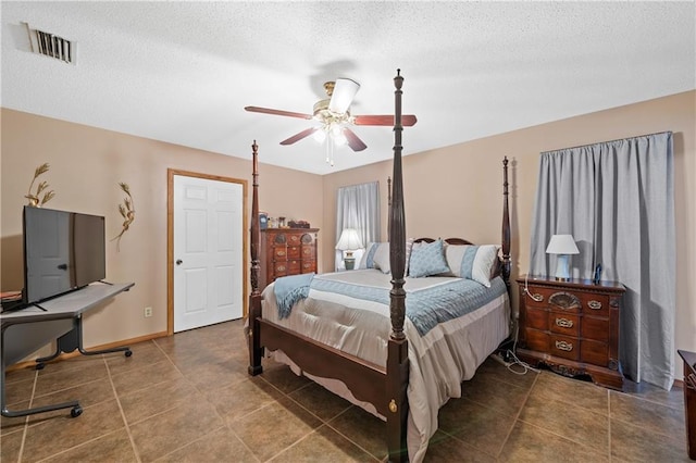 bedroom featuring a textured ceiling and ceiling fan