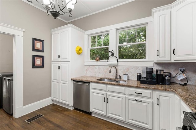 13 Demouy Ave, Mobile, AL 36606 - kitchen with stainless steel dishwasher, a sink, dark wood-style floors, decorative backsplash, and ornamental molding
