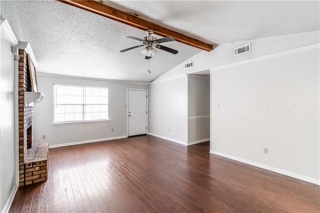 unfurnished living room featuring visible vents, a textured ceiling, dark wood-type flooring, and ceiling fan