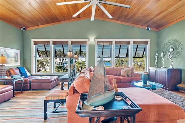 living room featuring ceiling fan, vaulted ceiling with skylight, and wooden ceiling