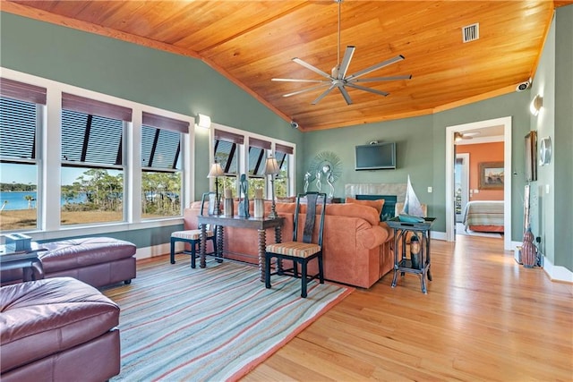 living room with light hardwood / wood-style flooring, ceiling fan, a tile fireplace, and wooden ceiling