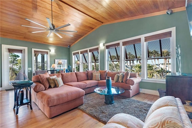 living room featuring wooden ceiling, a healthy amount of sunlight, ceiling fan, and light hardwood / wood-style flooring