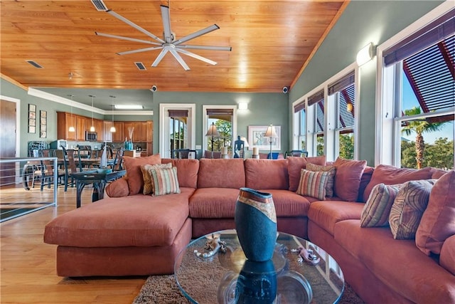 living room with ceiling fan, wood ceiling, light wood-type flooring, and vaulted ceiling