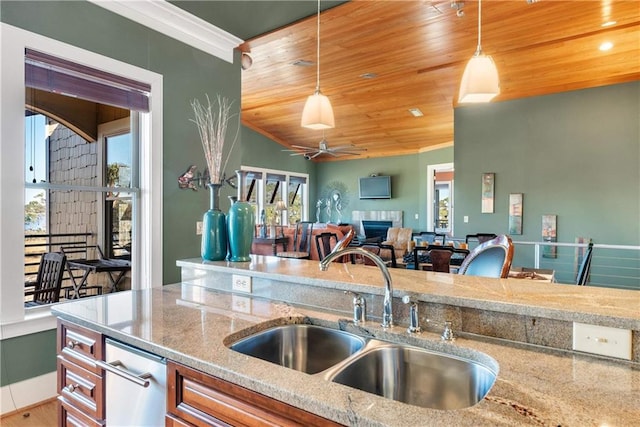 kitchen featuring ceiling fan, pendant lighting, wood ceiling, and sink