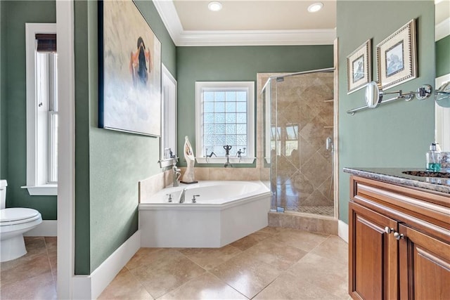 full bathroom with separate shower and tub, crown molding, vanity, and toilet