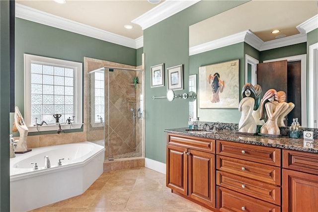 bathroom featuring independent shower and bath, vanity, crown molding, and tile patterned flooring