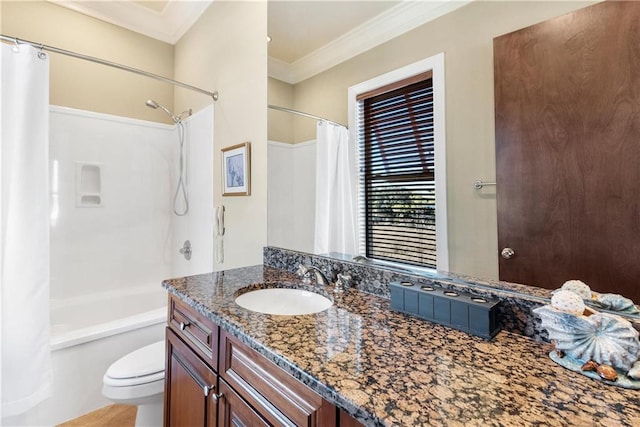 full bathroom with ornamental molding, vanity, toilet, and shower / bathtub combination with curtain