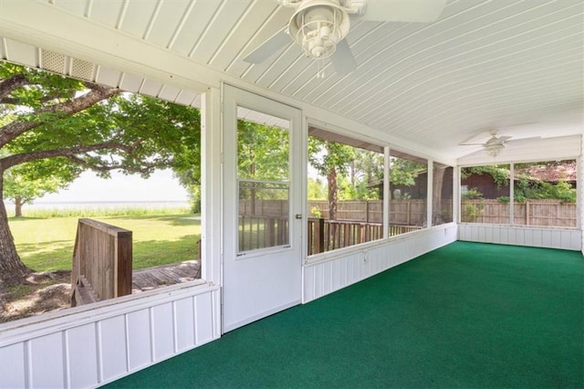 4221 Bay Front Rd, Mobile, AL 36605 - unfurnished sunroom featuring ceiling fan and lofted ceiling