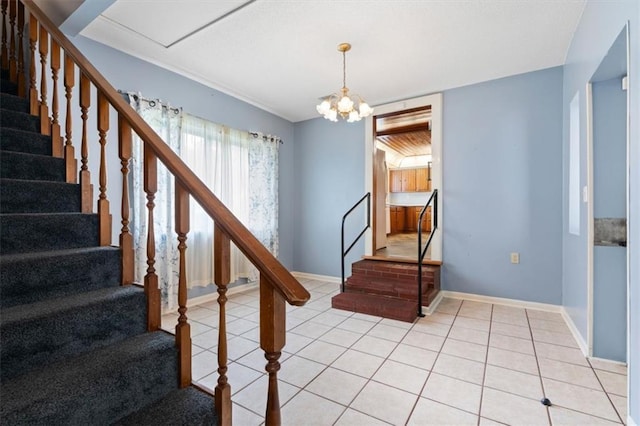 4221 Bay Front Rd, Mobile, AL 36605 - stairs featuring tile patterned floors, baseboards, and a chandelier