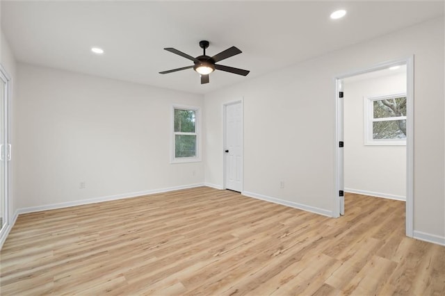 unfurnished bedroom with recessed lighting, baseboards, ceiling fan, and light wood finished floors