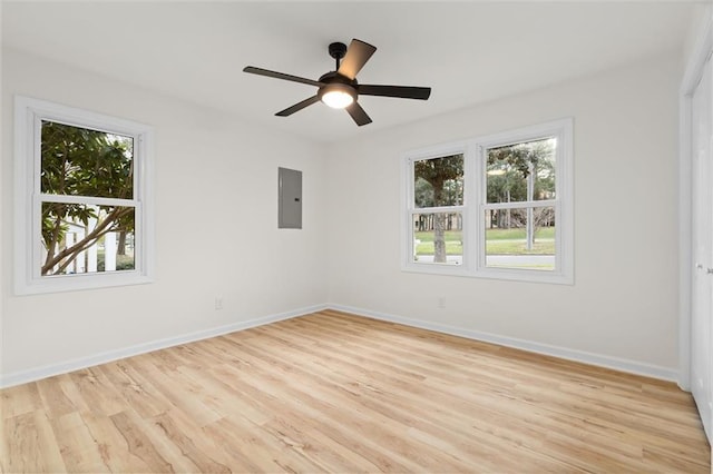 spare room with light wood-style floors, electric panel, ceiling fan, and baseboards