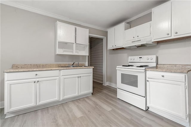 kitchen with white cabinets, white range with electric stovetop, sink, ornamental molding, and light wood-type flooring