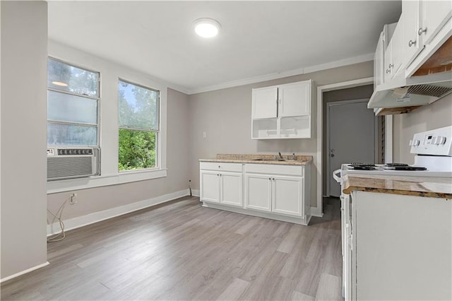 kitchen featuring light wood-type flooring, crown molding, white cabinets, and sink