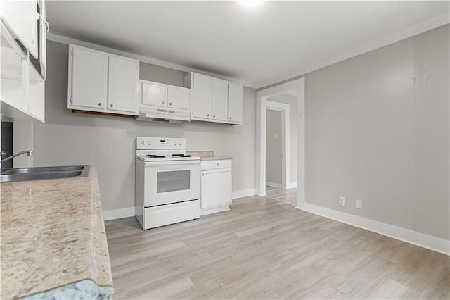 kitchen with electric stove, white cabinetry, light hardwood / wood-style flooring, and sink