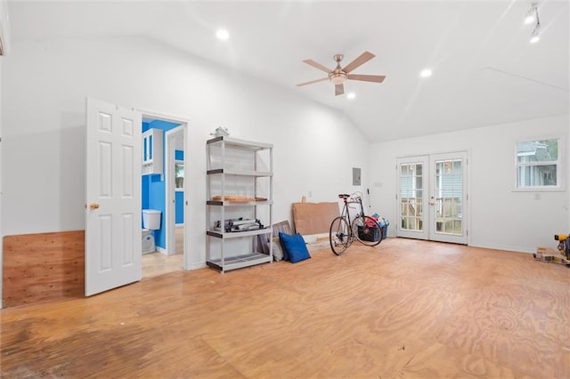 miscellaneous room featuring french doors, ceiling fan, and vaulted ceiling