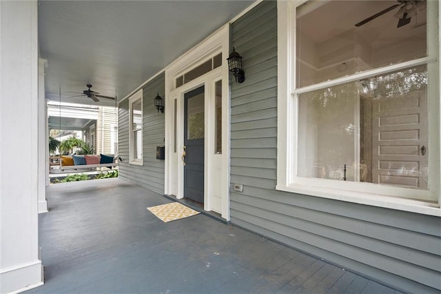 view of patio / terrace featuring covered porch and ceiling fan