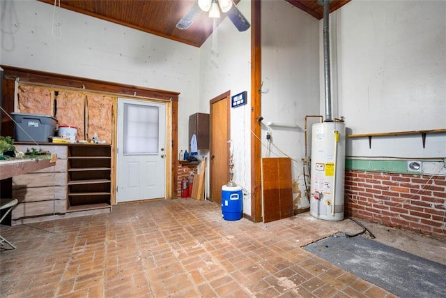 5405 Dogwood Ct, Mobile, AL 36693 - below grade area featuring gas water heater, wood ceiling, brick flooring, and a ceiling fan
