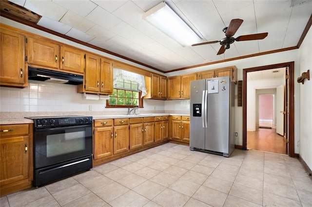 5405 Dogwood Ct, Mobile, AL 36693 - kitchen with stainless steel fridge with ice dispenser, electric range, under cabinet range hood, brown cabinets, and crown molding