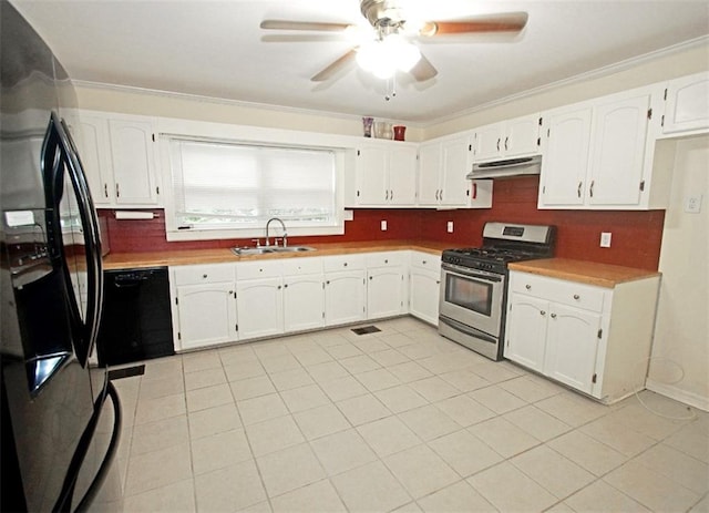 kitchen with ceiling fan, fridge with ice dispenser, sink, stainless steel gas range, and black dishwasher