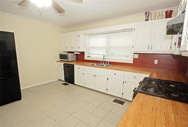 kitchen featuring white cabinets, black appliances, crown molding, ceiling fan, and sink