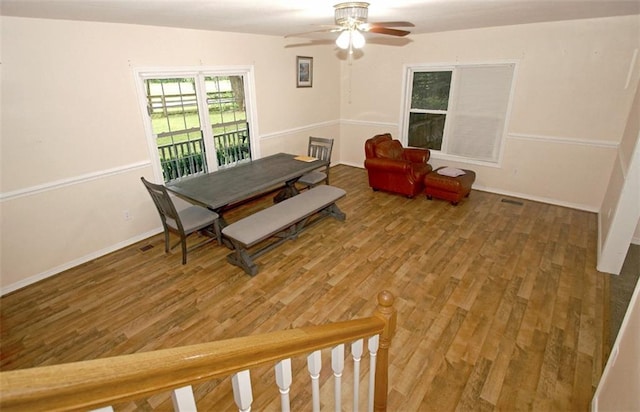 sitting room featuring lofted ceiling, ceiling fan, and hardwood / wood-style flooring