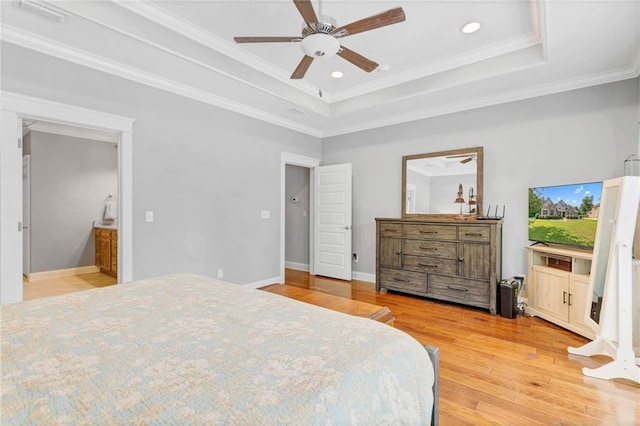 8662 Daintree Ct, Daphne, AL 36526 - bedroom with light wood-type flooring, recessed lighting, crown molding, a raised ceiling, and ceiling fan