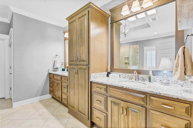 8662 Daintree Ct, Daphne, AL 36526 - full bath with ornamental molding, vanity, tile patterned floors, a chandelier, and a shower with door